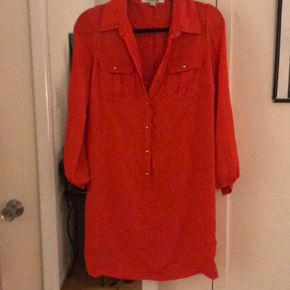 Tomato red/orange shirt dress with gold detail